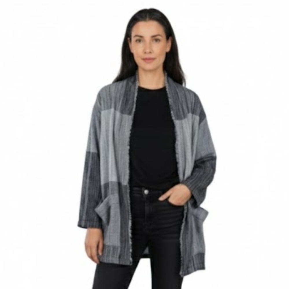 Eileen Fisher Hazy Blocks Organic Cotton Frayed Edge Cardigan‎ Size Small